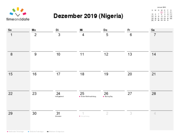 Kalender für 2019 in Nigeria