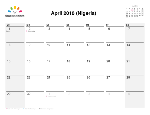 Kalender für 2018 in Nigeria