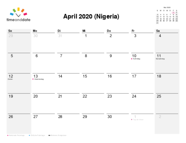 Kalender für 2020 in Nigeria