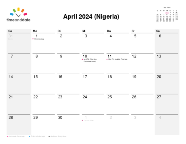 Kalender für 2024 in Nigeria