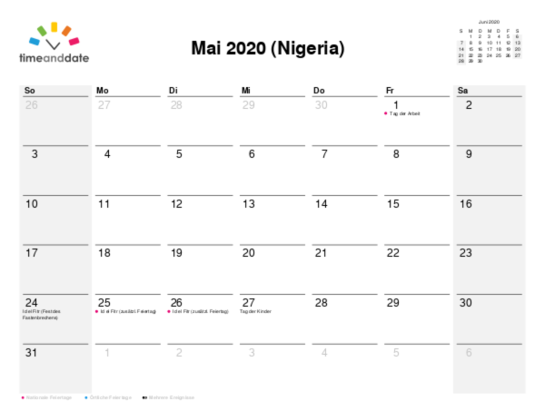 Kalender für 2020 in Nigeria