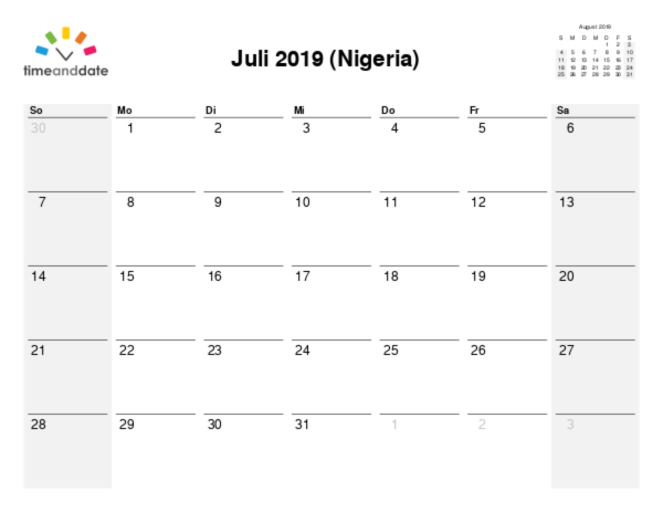 Kalender für 2019 in Nigeria