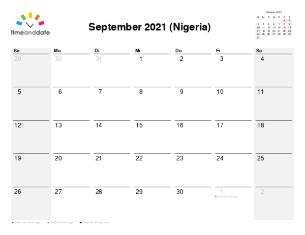 Kalender für 2021 in Nigeria