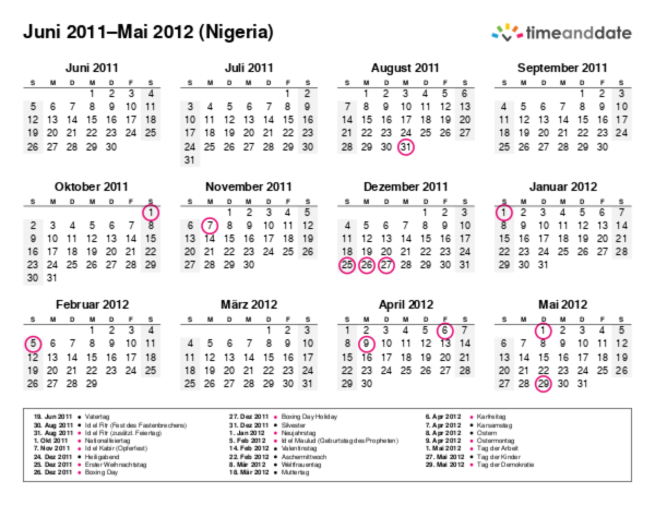 Kalender für 2011 in Nigeria