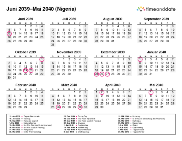 Kalender für 2039 in Nigeria