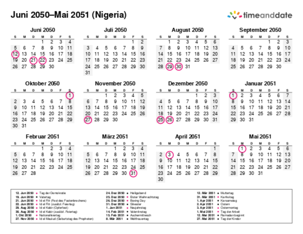 Kalender für 2050 in Nigeria