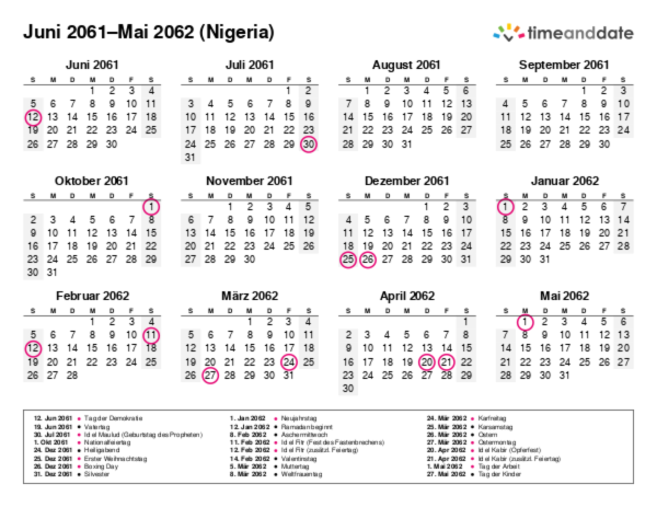 Kalender für 2061 in Nigeria