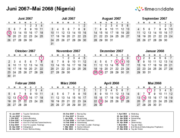 Kalender für 2067 in Nigeria