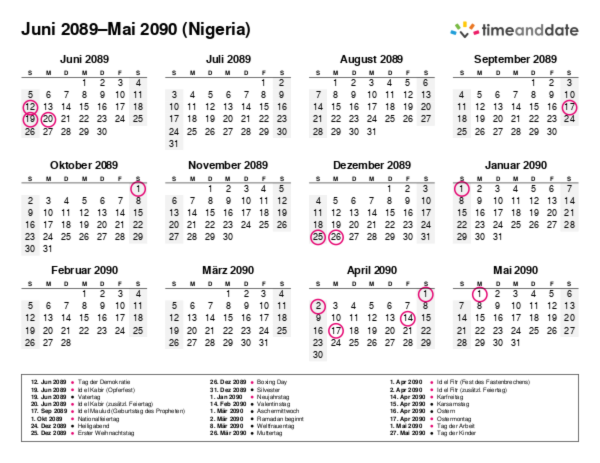 Kalender für 2089 in Nigeria