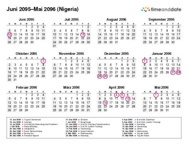 Kalender für 2095 in Nigeria