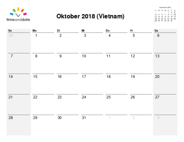 Kalender für 2018 in Vietnam