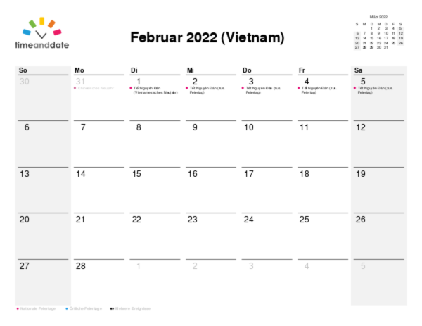 Kalender für 2022 in Vietnam