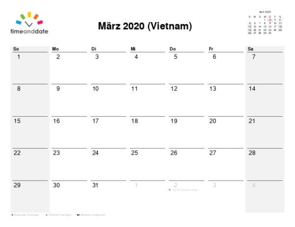 Kalender für 2020 in Vietnam