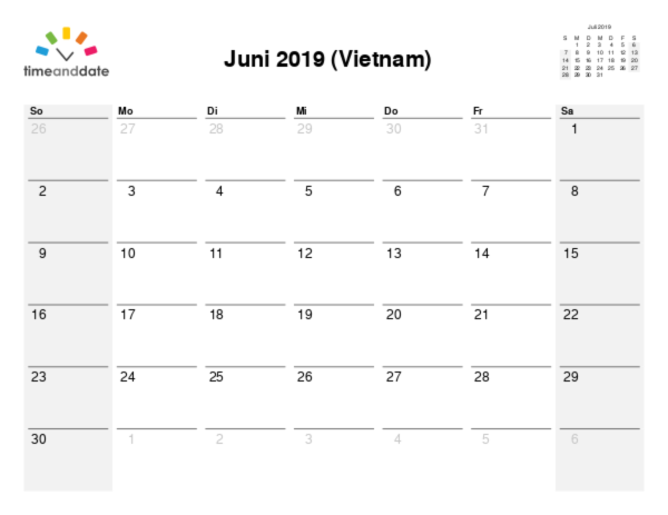 Kalender für 2019 in Vietnam