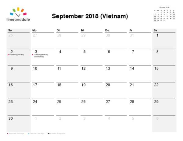 Kalender für 2018 in Vietnam