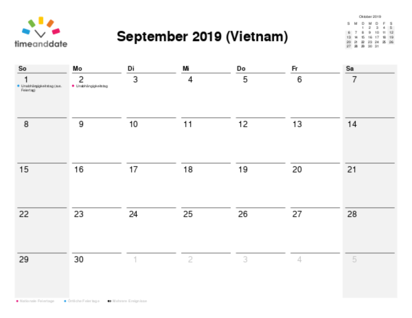 Kalender für 2019 in Vietnam