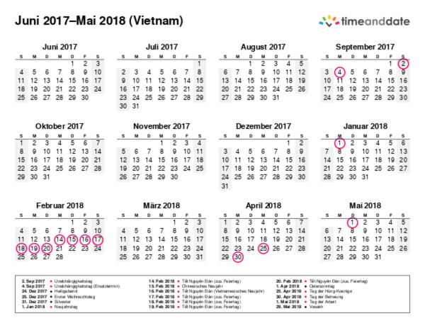 Kalender für 2017 in Vietnam