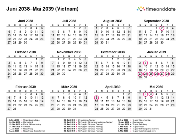 Kalender für 2038 in Vietnam