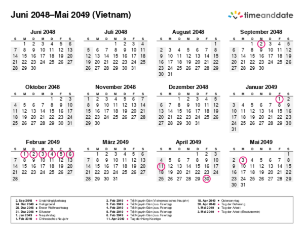 Kalender für 2048 in Vietnam