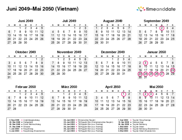 Kalender für 2049 in Vietnam
