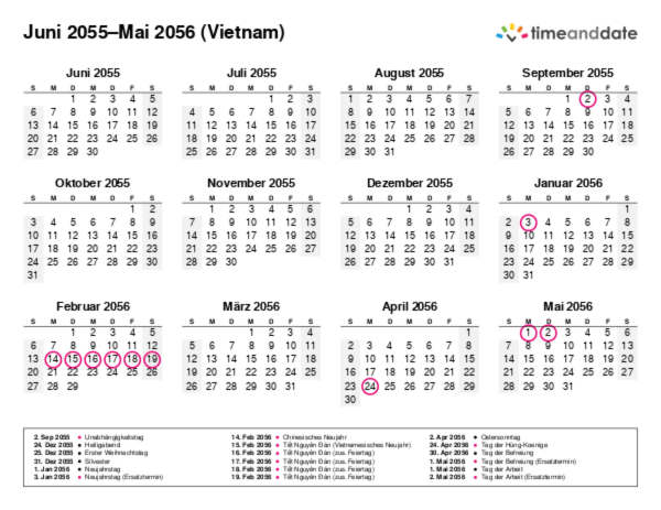 Kalender für 2055 in Vietnam