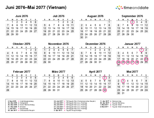 Kalender für 2076 in Vietnam
