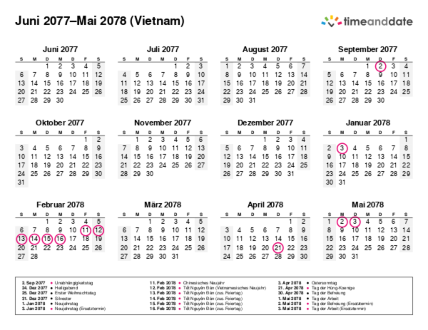 Kalender für 2077 in Vietnam