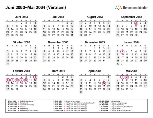 Kalender für 2083 in Vietnam