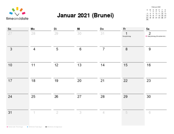 Kalender für 2021 in Brunei