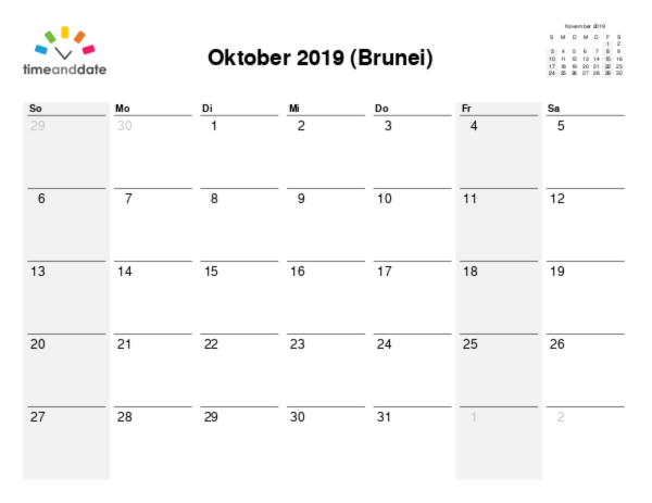 Kalender für 2019 in Brunei