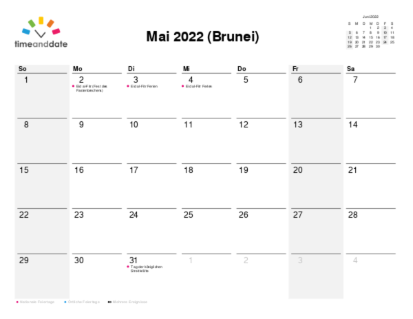 Kalender für 2022 in Brunei
