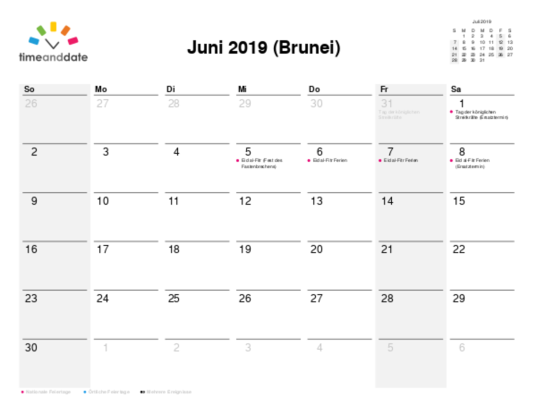 Kalender für 2019 in Brunei