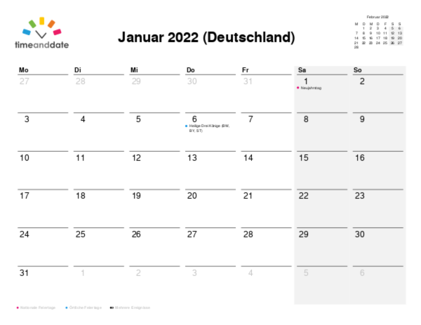 Kalender für 2022 in Deutschland