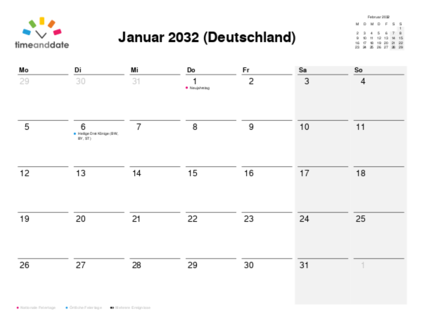 Kalender für 2032 in Deutschland