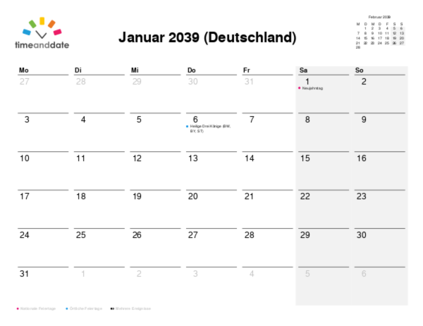 Kalender für 2039 in Deutschland