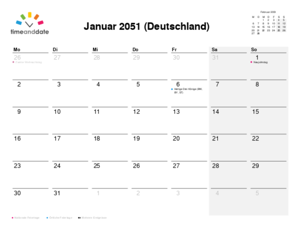 Kalender für 2051 in Deutschland