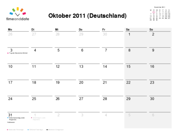 Kalender für 2011 in Deutschland