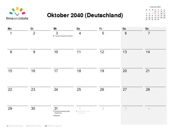 Kalender für 2040 in Deutschland
