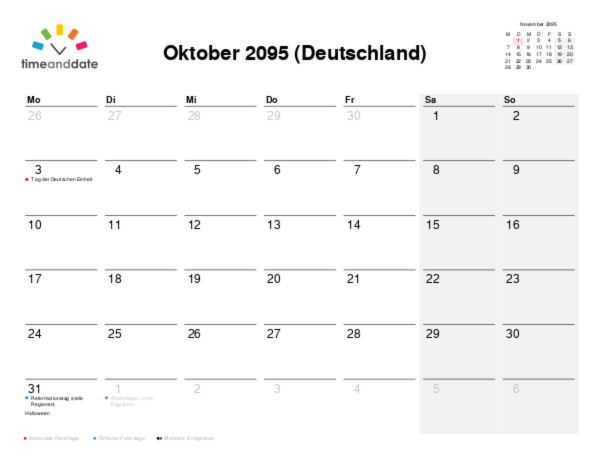 Kalender für 2095 in Deutschland