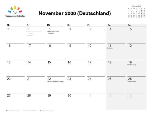 Kalender für 2000 in Deutschland