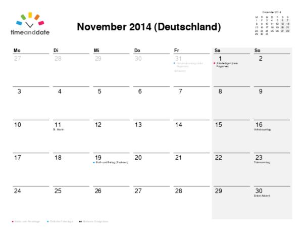 Kalender für 2014 in Deutschland