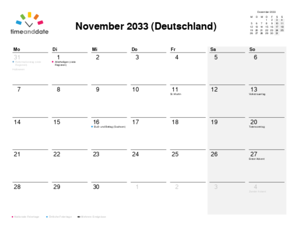 Kalender für 2033 in Deutschland