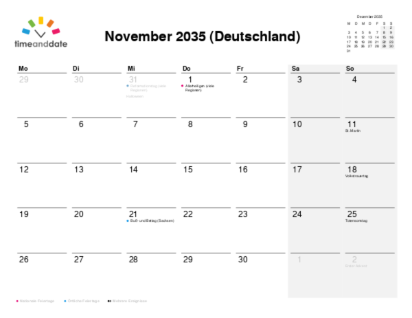Kalender für 2035 in Deutschland