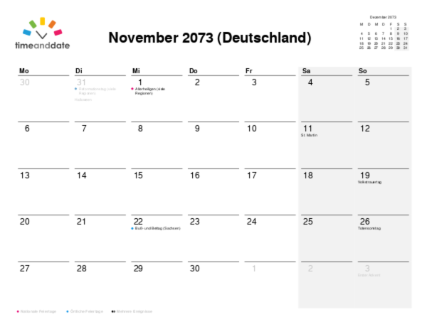 Kalender für 2073 in Deutschland