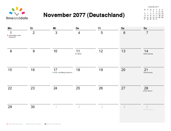 Kalender für 2077 in Deutschland