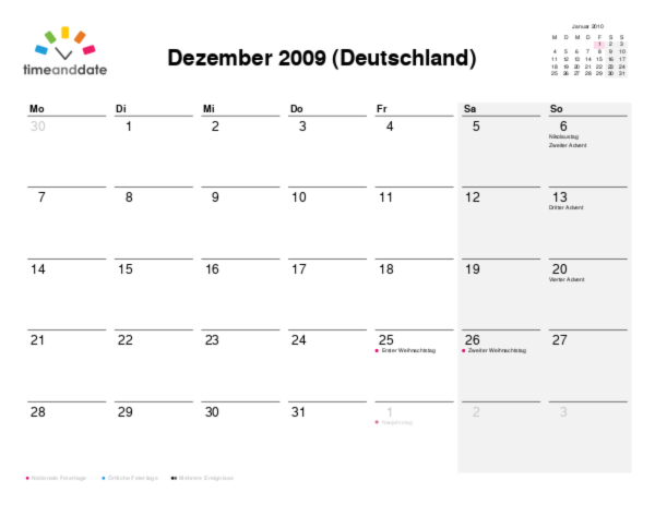 Kalender für 2009 in Deutschland
