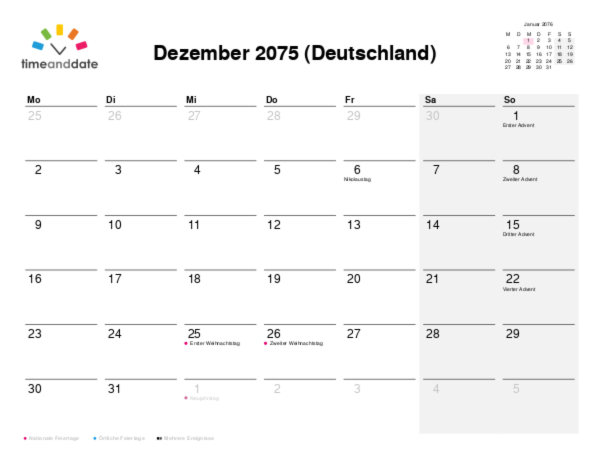 Kalender für 2075 in Deutschland