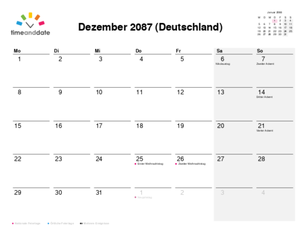 Kalender für 2087 in Deutschland