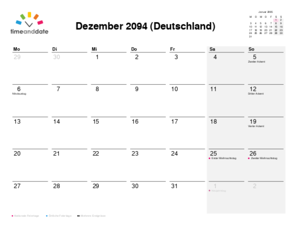 Kalender für 2094 in Deutschland