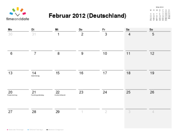 Kalender für 2012 in Deutschland